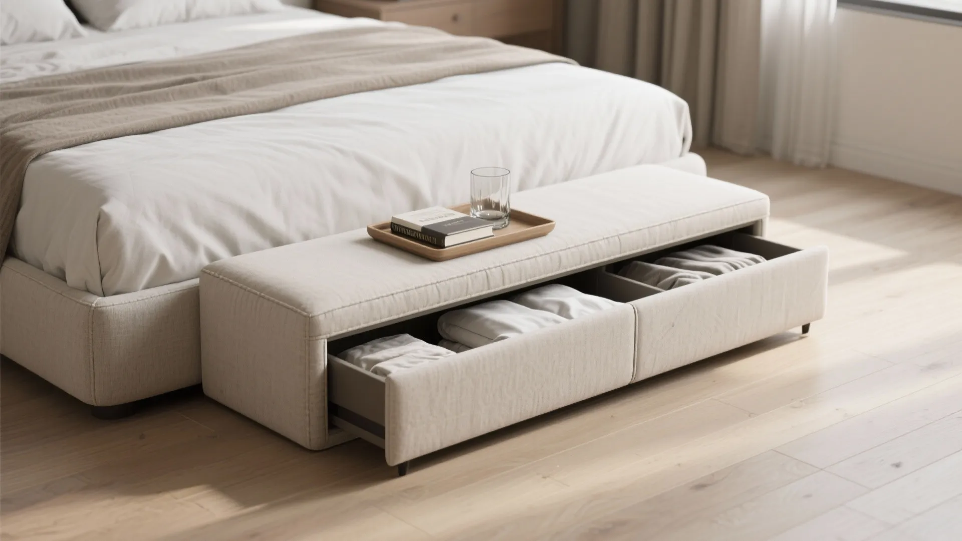 Slim rectangular upholstered ottoman at the bedside serving as seat, surface, and internal storage.