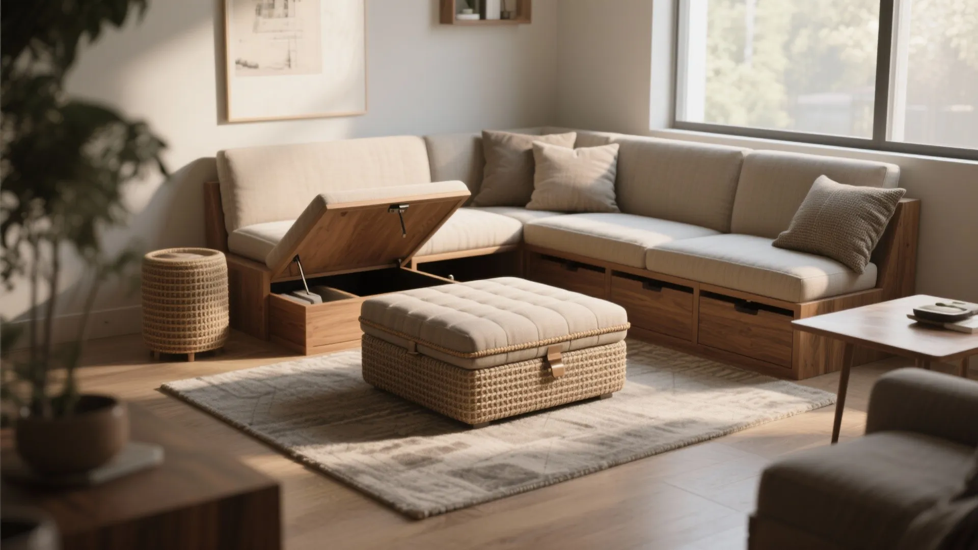 Storage ottoman and modular bench in a small living room used for seating and hidden storage