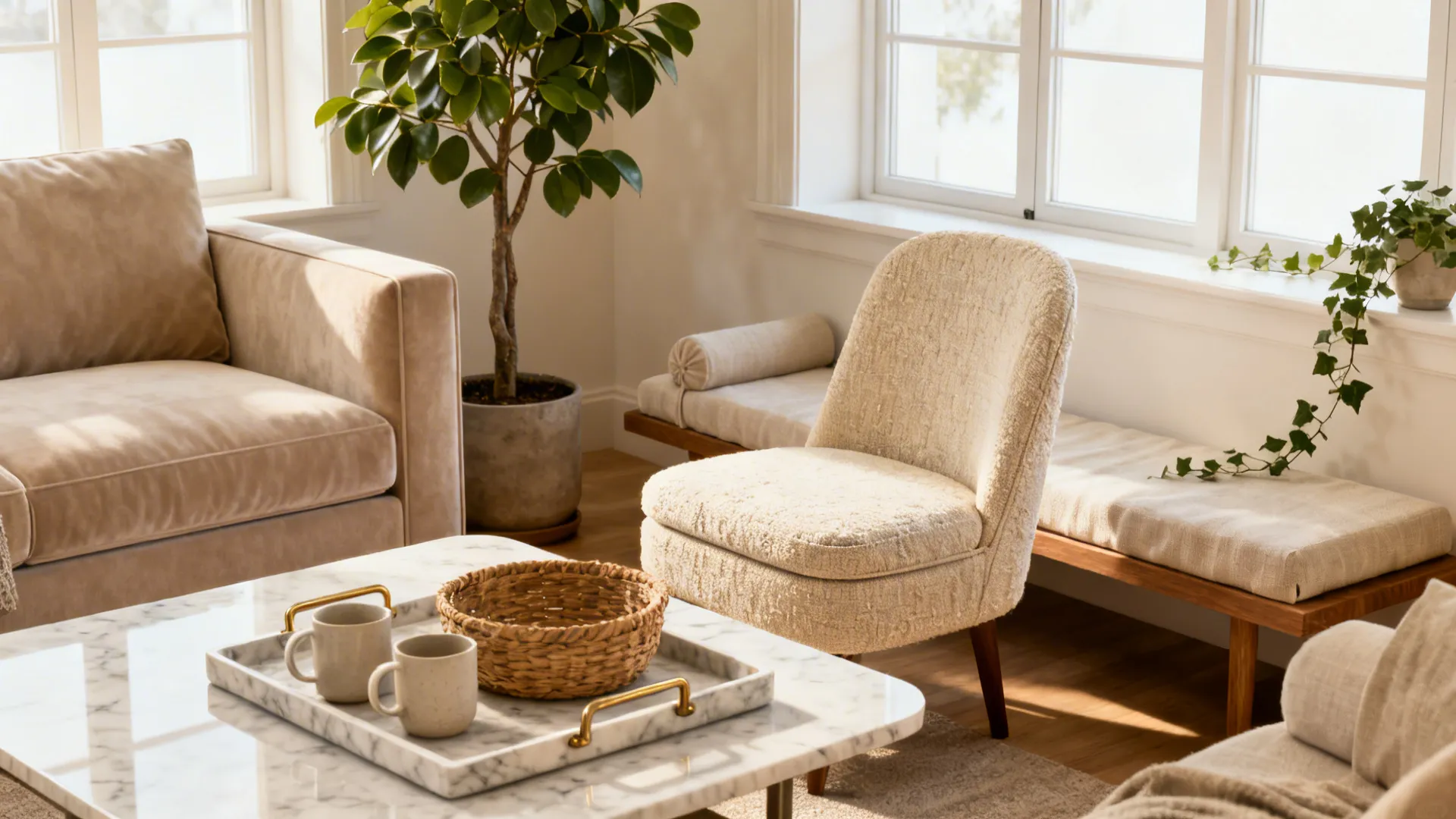 Bright living room featuring beige armchair wooden footrest marble coffee table indoor plant and window