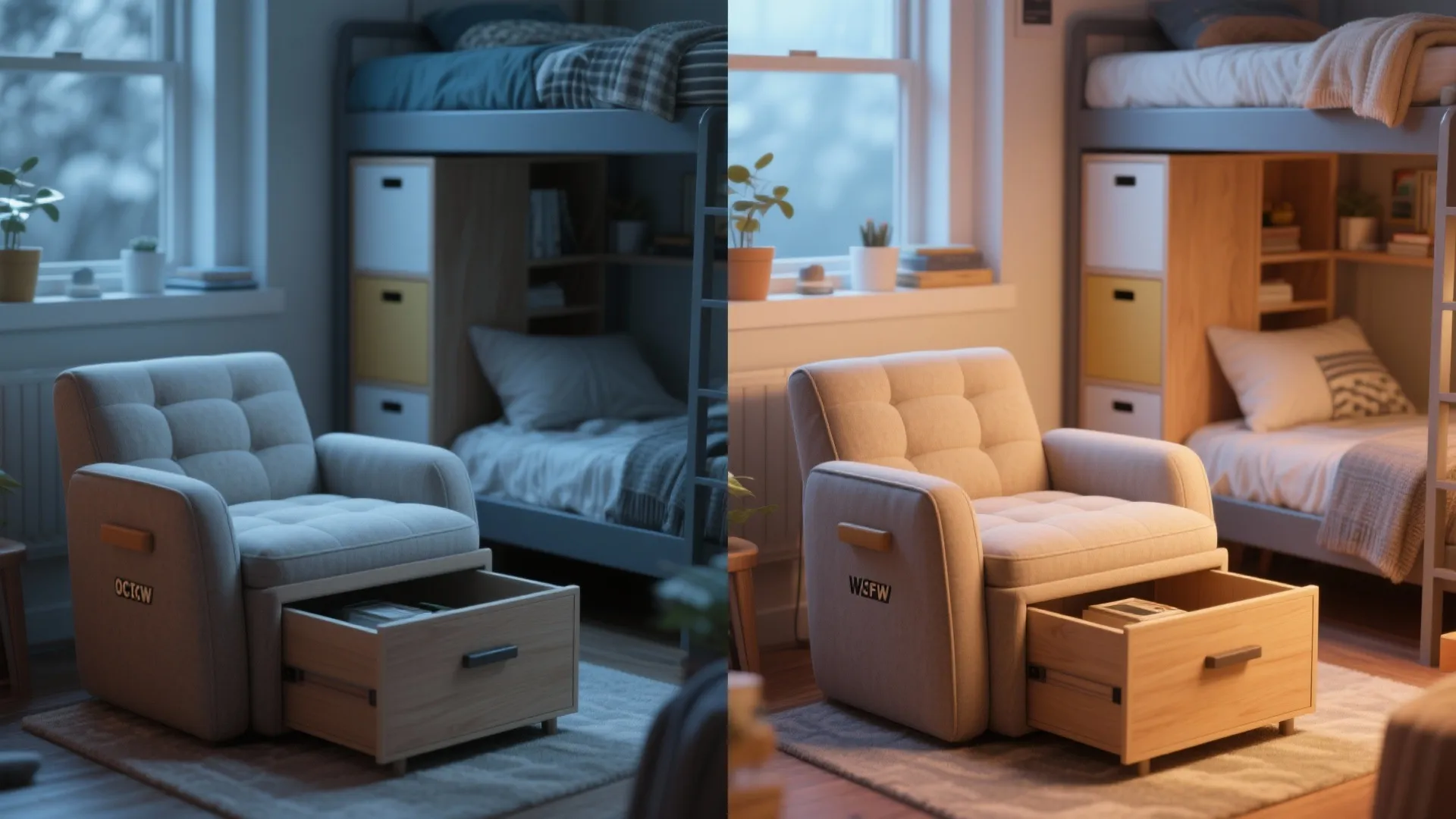 Convertible ottoman chair serving as seating and storage in a dorm