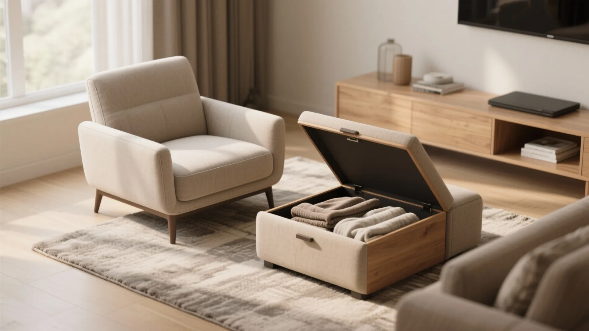 Modern living room with beige armchair and matching storage footrest containing folded blankets on patterned rug