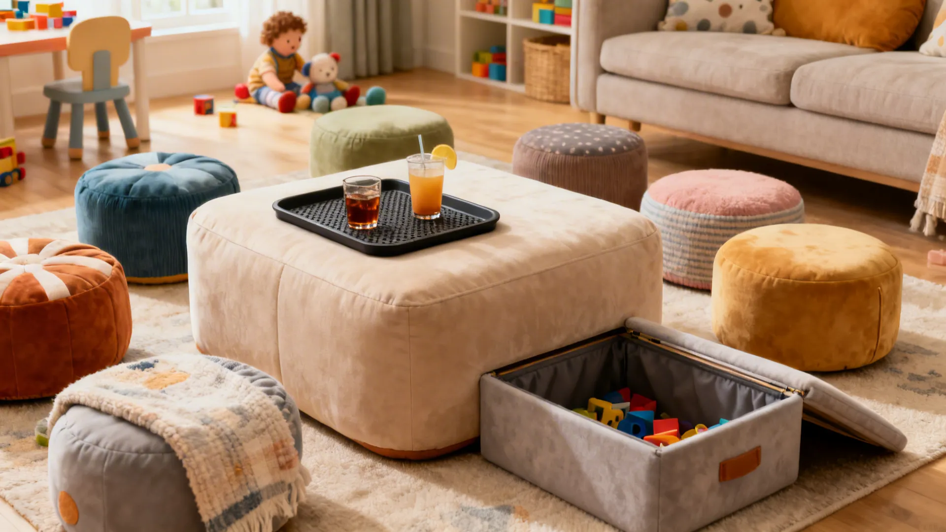 Cluster of ottomans and poufs with a large ottoman and non-slip tray in a cozy living room.