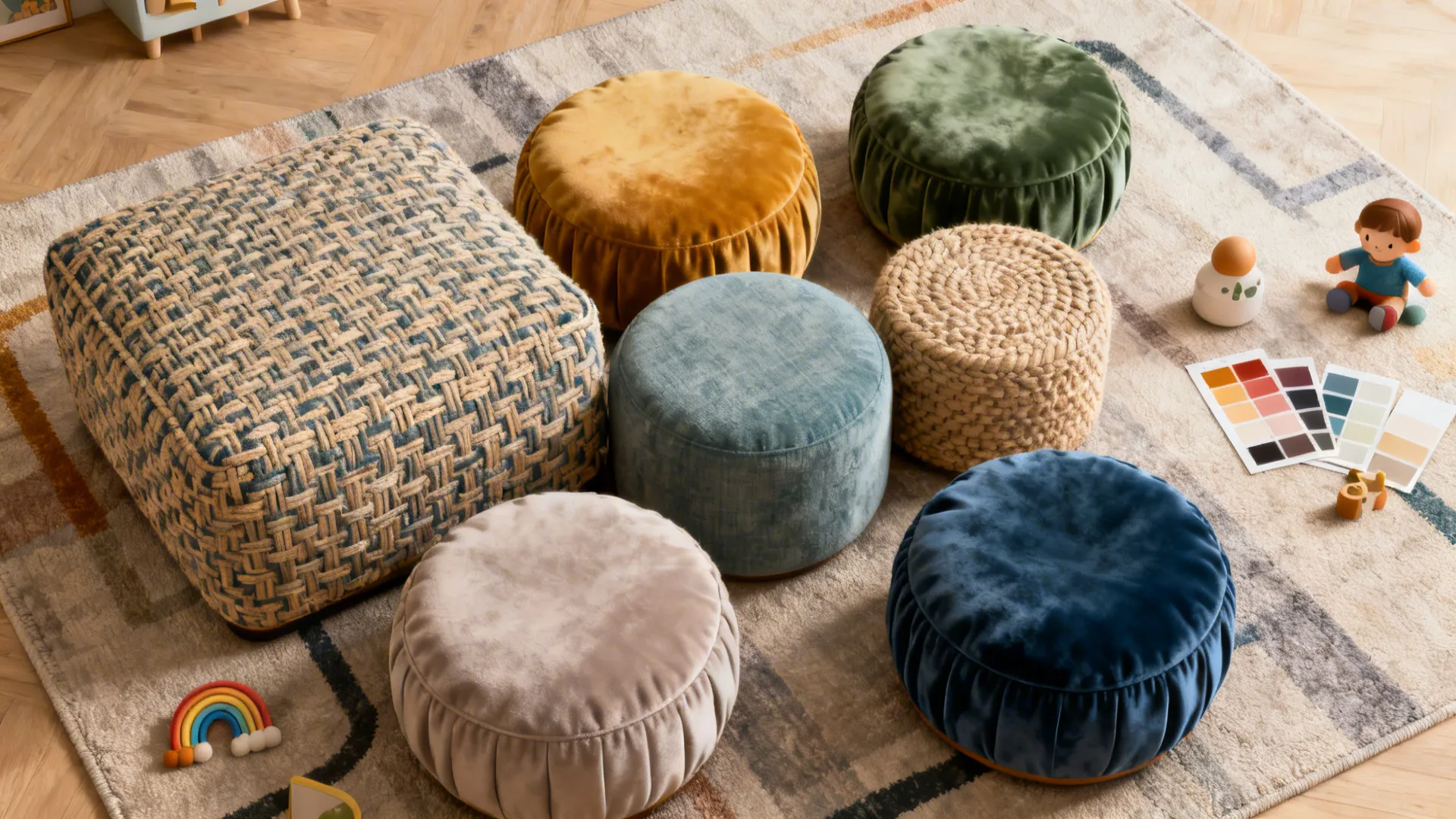 Top-down flatlay of ottoman-style seating cluster with fabric swatches and decor accents.