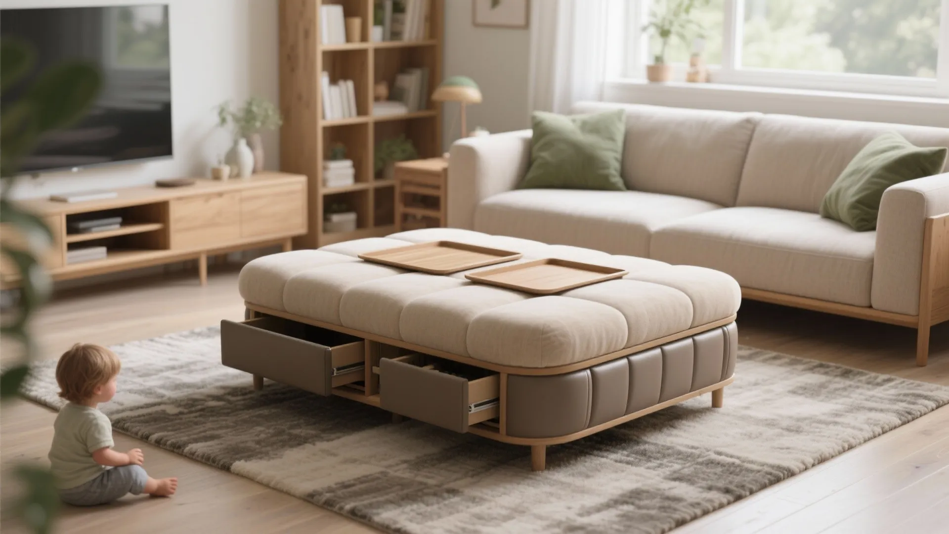 4) Storage ottoman bench as coffee table