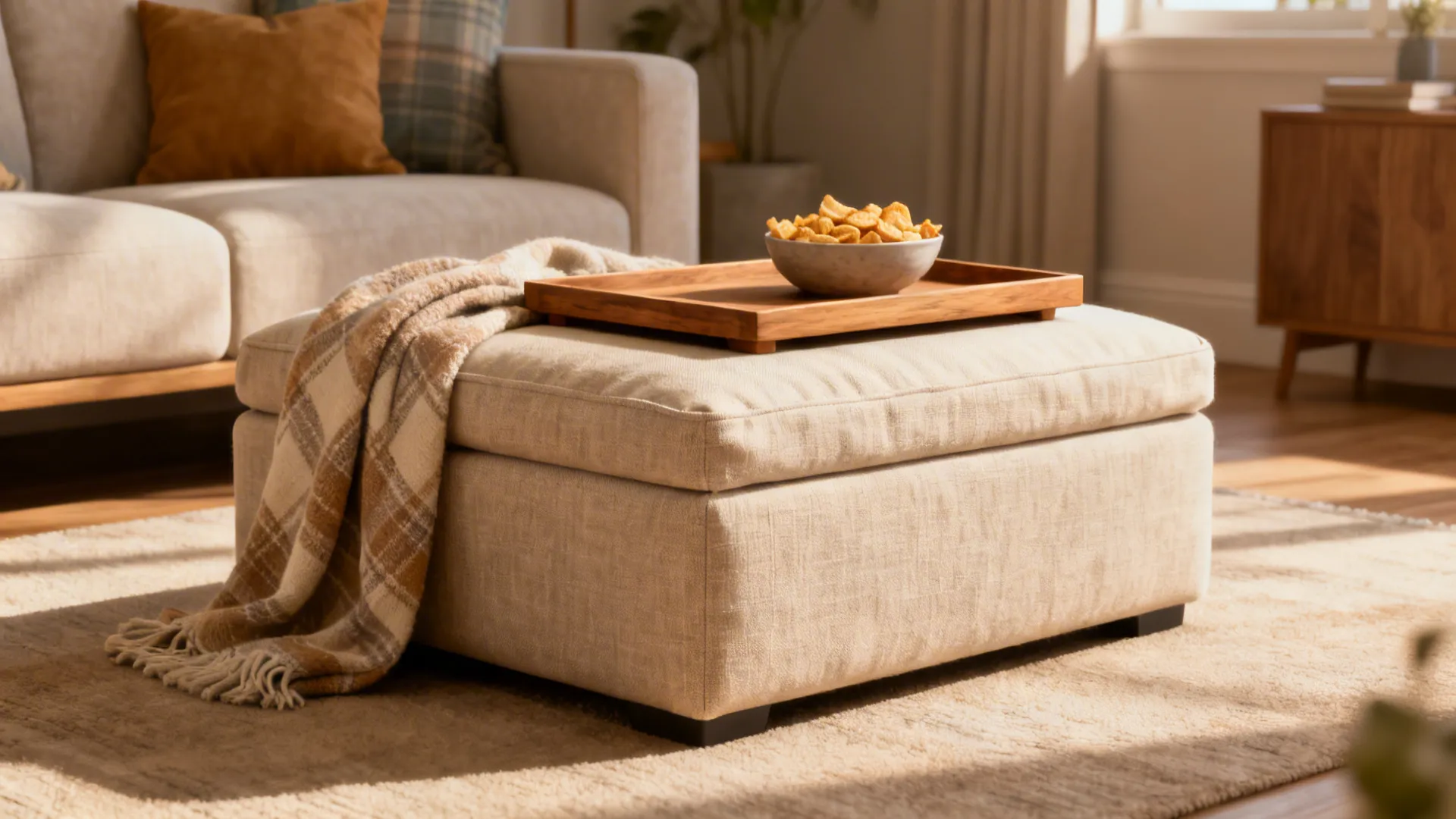 Fabric footrest used as coffee table with wooden tray and blanket in sunlit living room