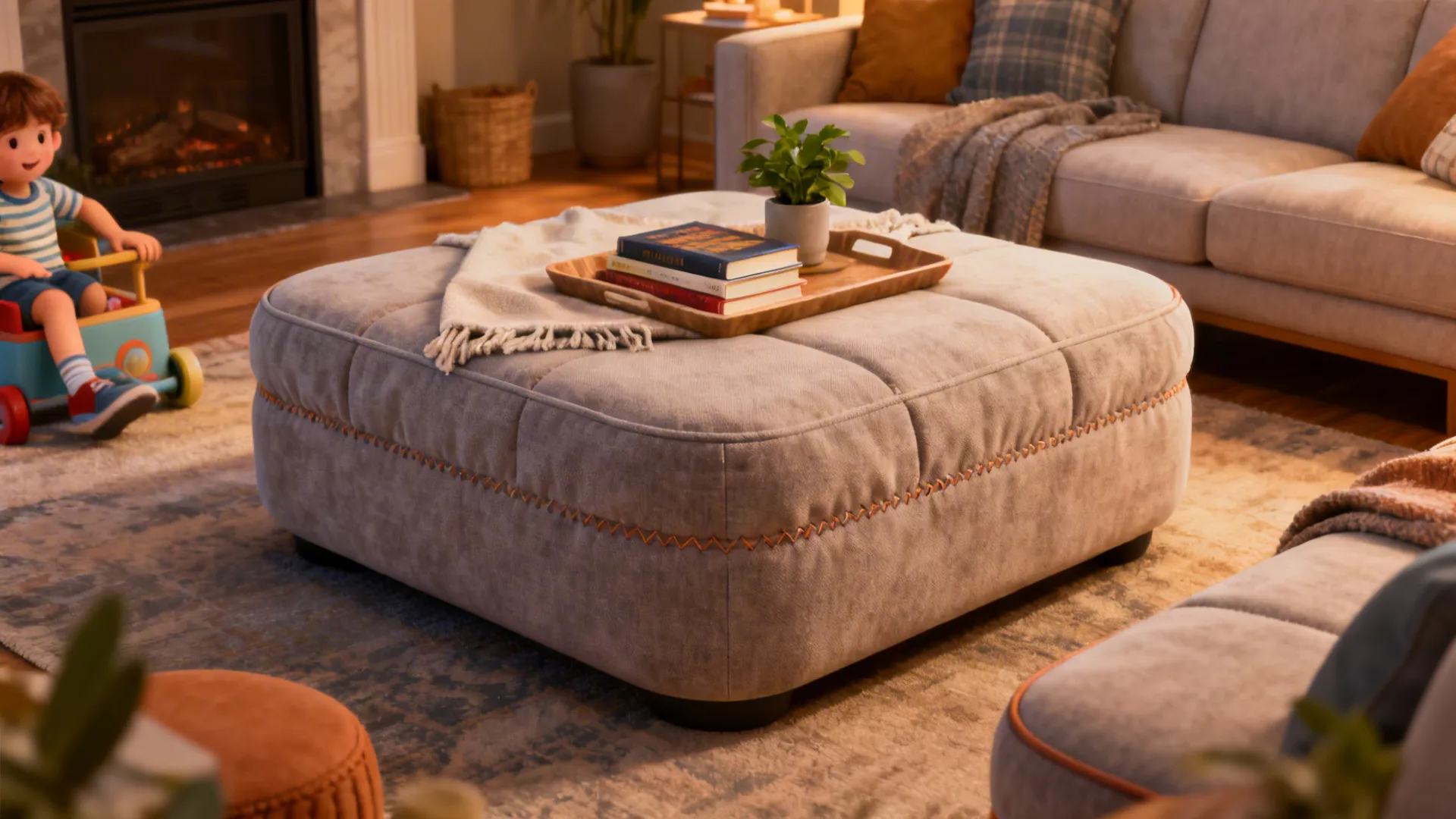 Upholstered ottoman serving as a coffee table and extra seating in a family room