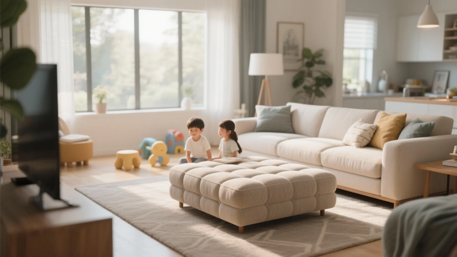 Bright living room featuring a large cream footrest, two children playing, and a white sofa