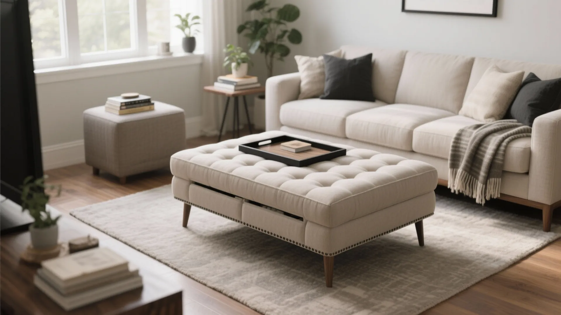 Ottoman-as-coffee-table for soft flexibility