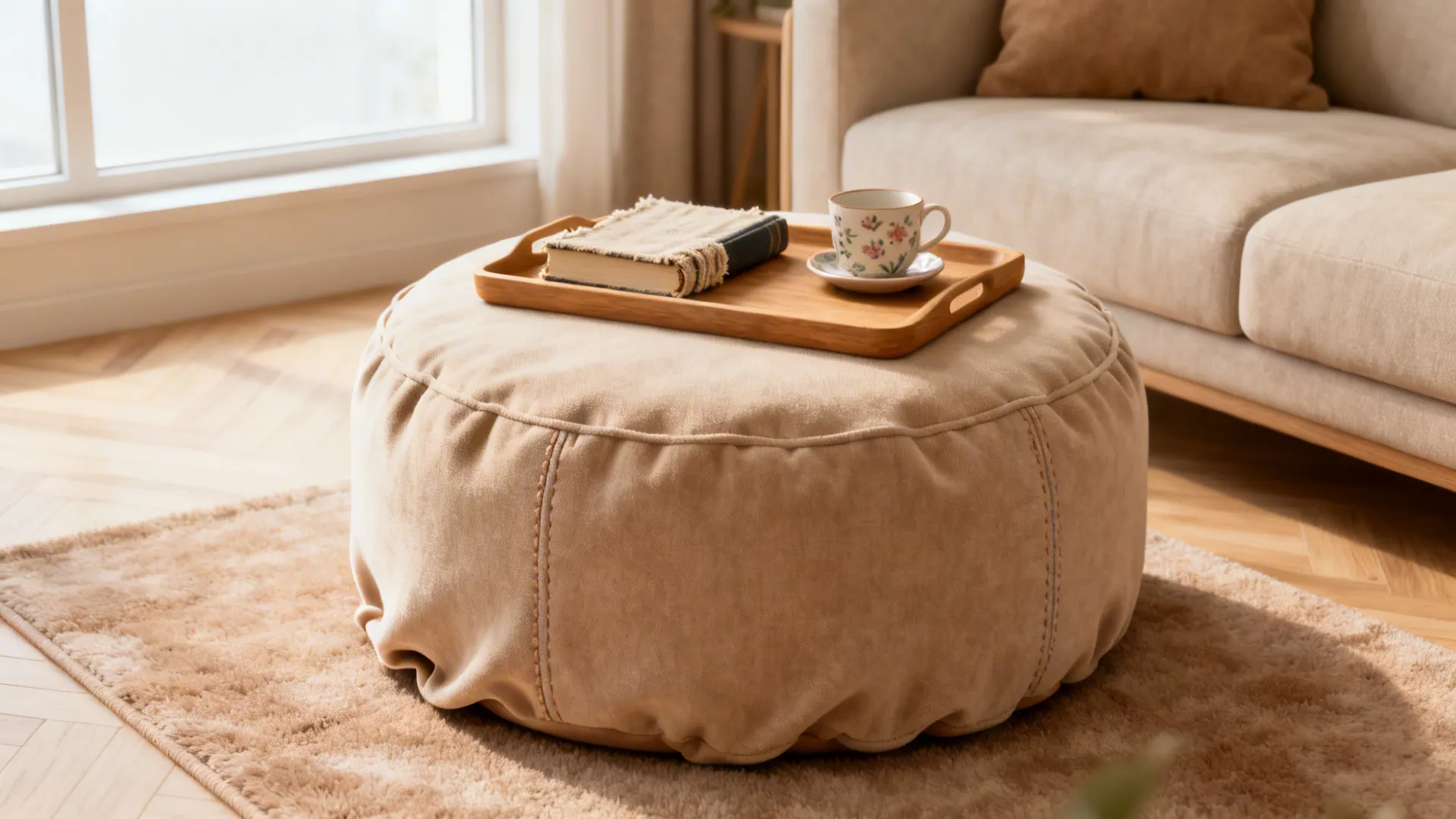 Upholstered round ottoman serving as a multi-use coffee table with a tray and soft fabric texture.