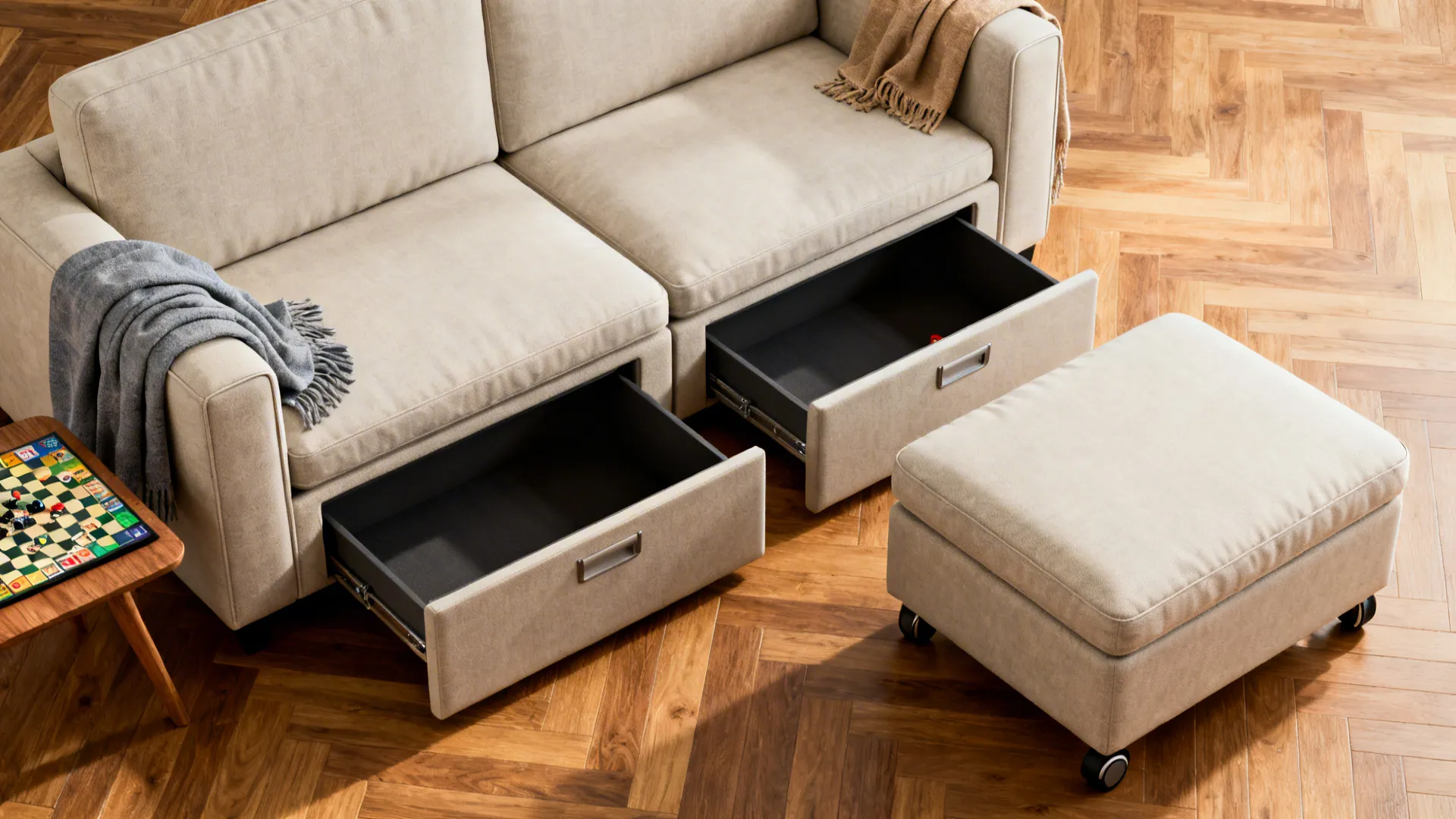 Two-seater modular sofa with two ottomans, one with hidden storage and casters for easy movement.