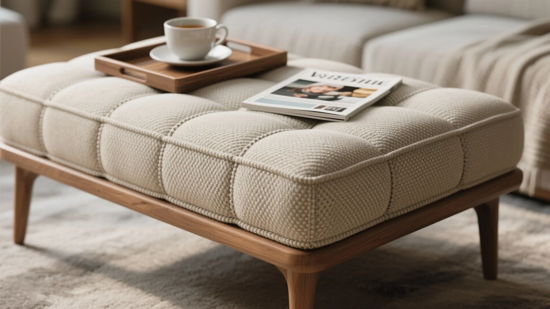 Close up of a tufted footrest with a wooden tray coffee cup and a magazine