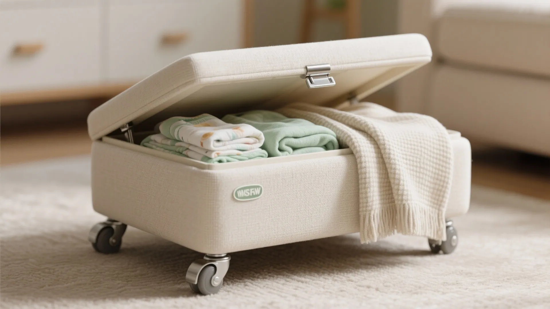 Opened cream storage footrest on wheels filled with folded baby clothes and a white blanket