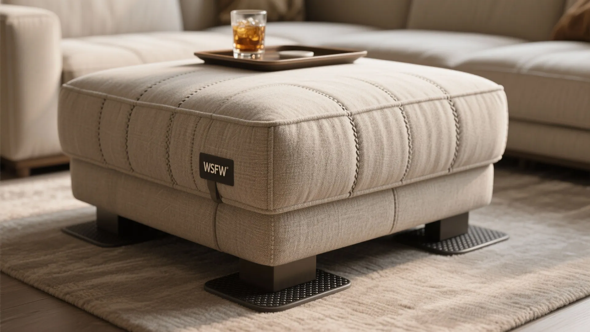 Close-up of performance fabric ottoman aligned with sectional seat and tray.