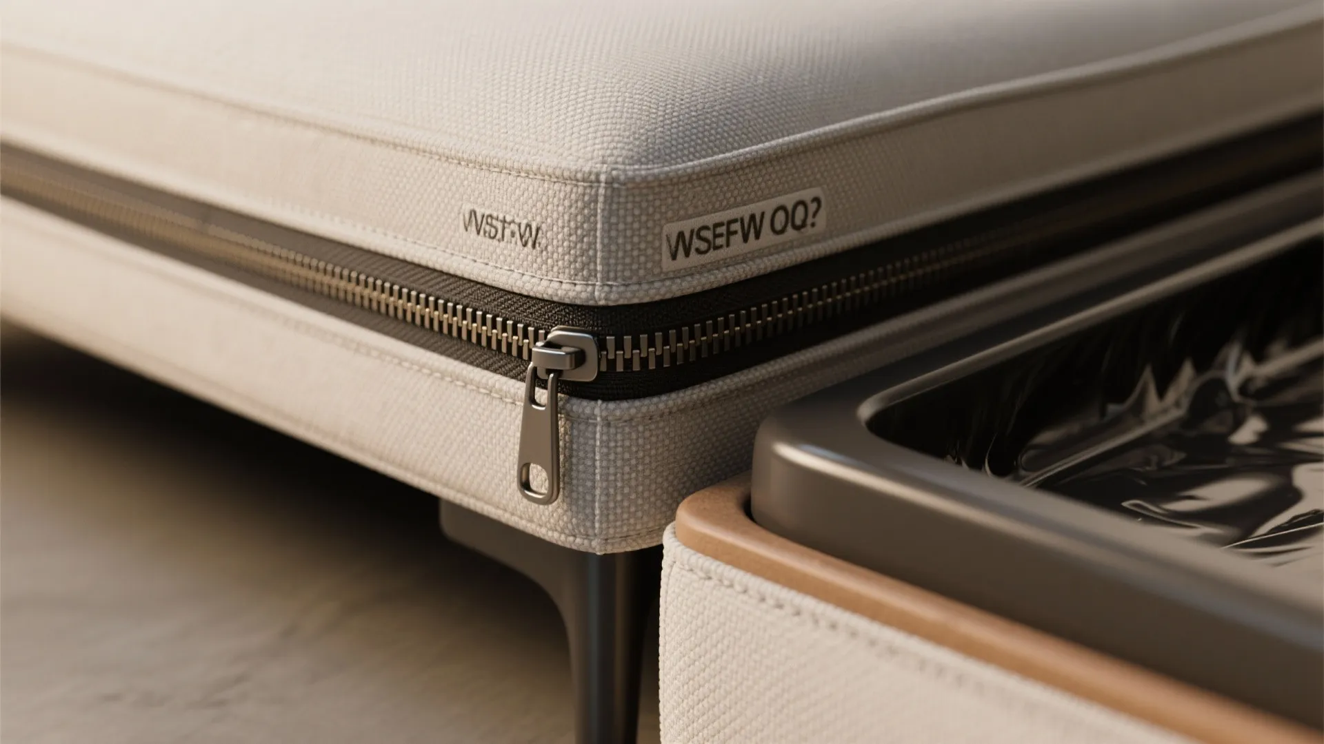 Close up view of a beige fabric footrest cushion showing metal zipper and sewing line detail