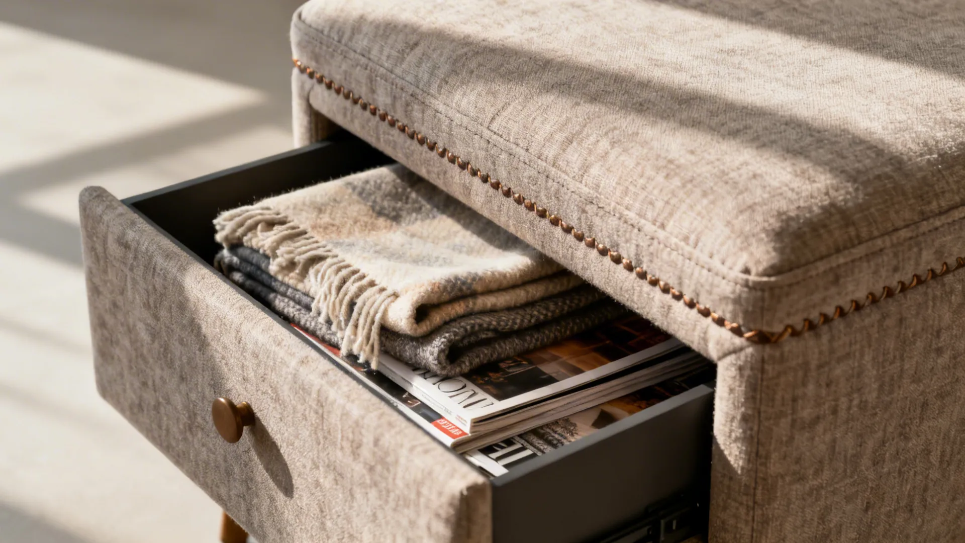 Upholstered ottoman side table with a hidden drawer storing throws and magazines