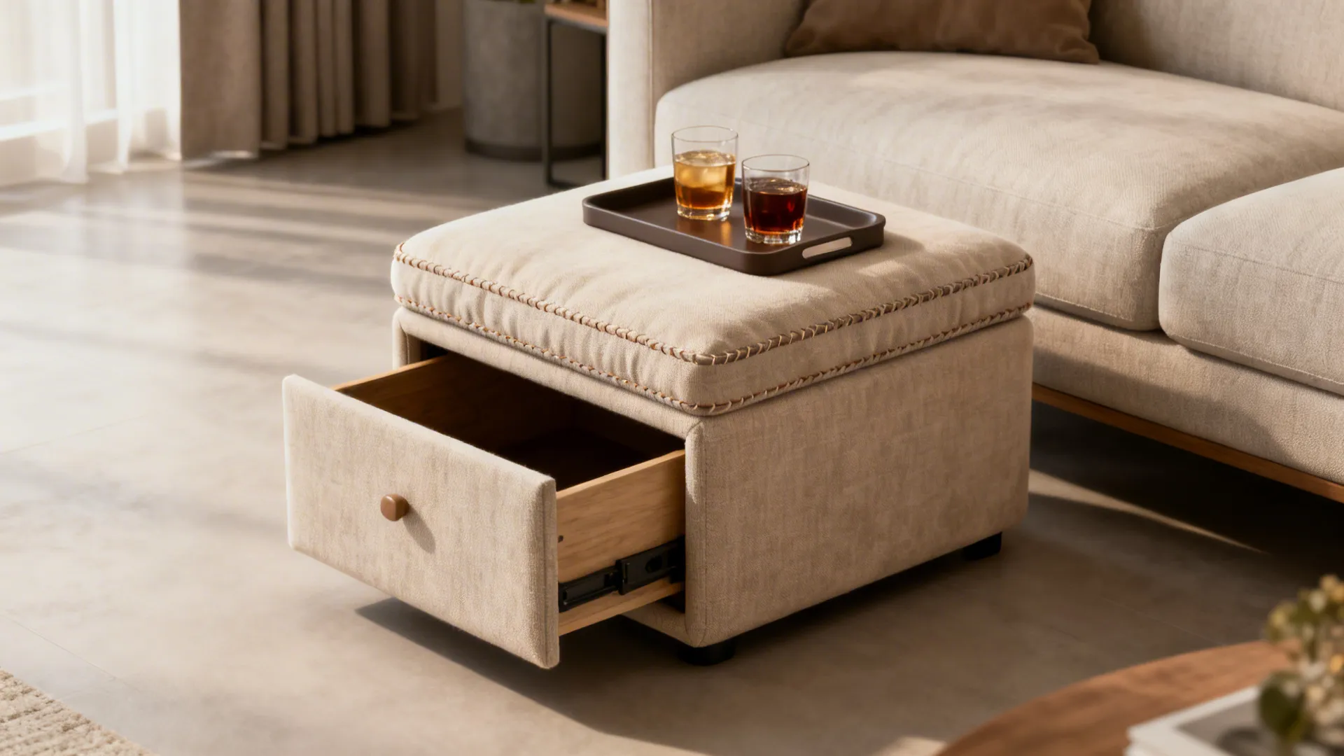 Ottoman-style end table with cushioned top and internal drawer, tray holding drinks