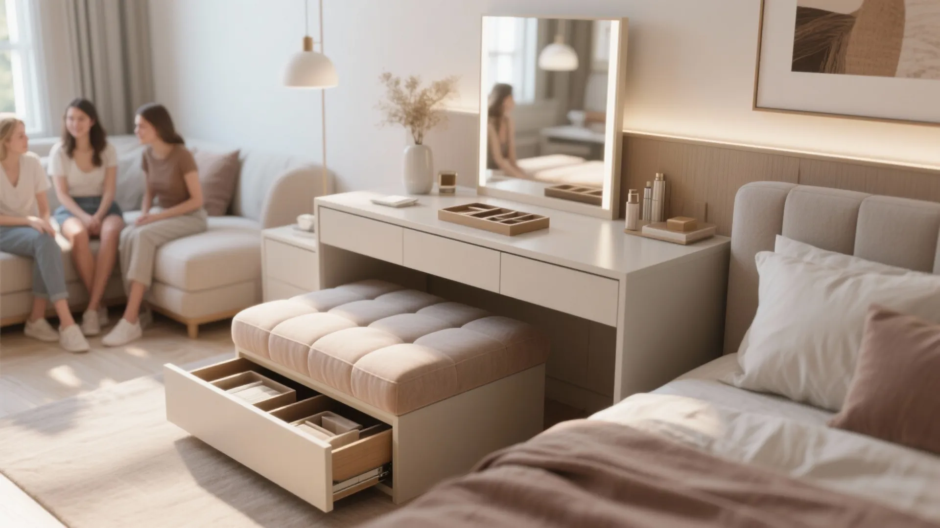 4. Multi-functional dressing table with storage ottoman