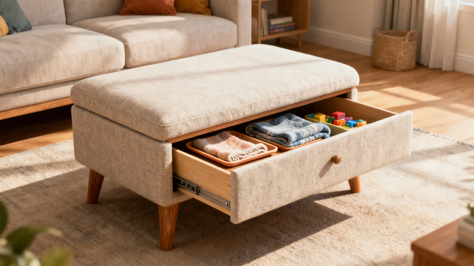 Ottoman-style end table with a lift-top open to show an internal drawer and soft upholstery.
