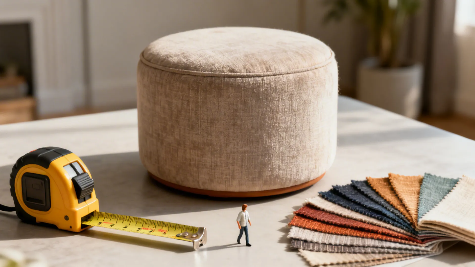 Measurement tape, fabric swatches, and a scale model ottoman illustrating size and material choices.