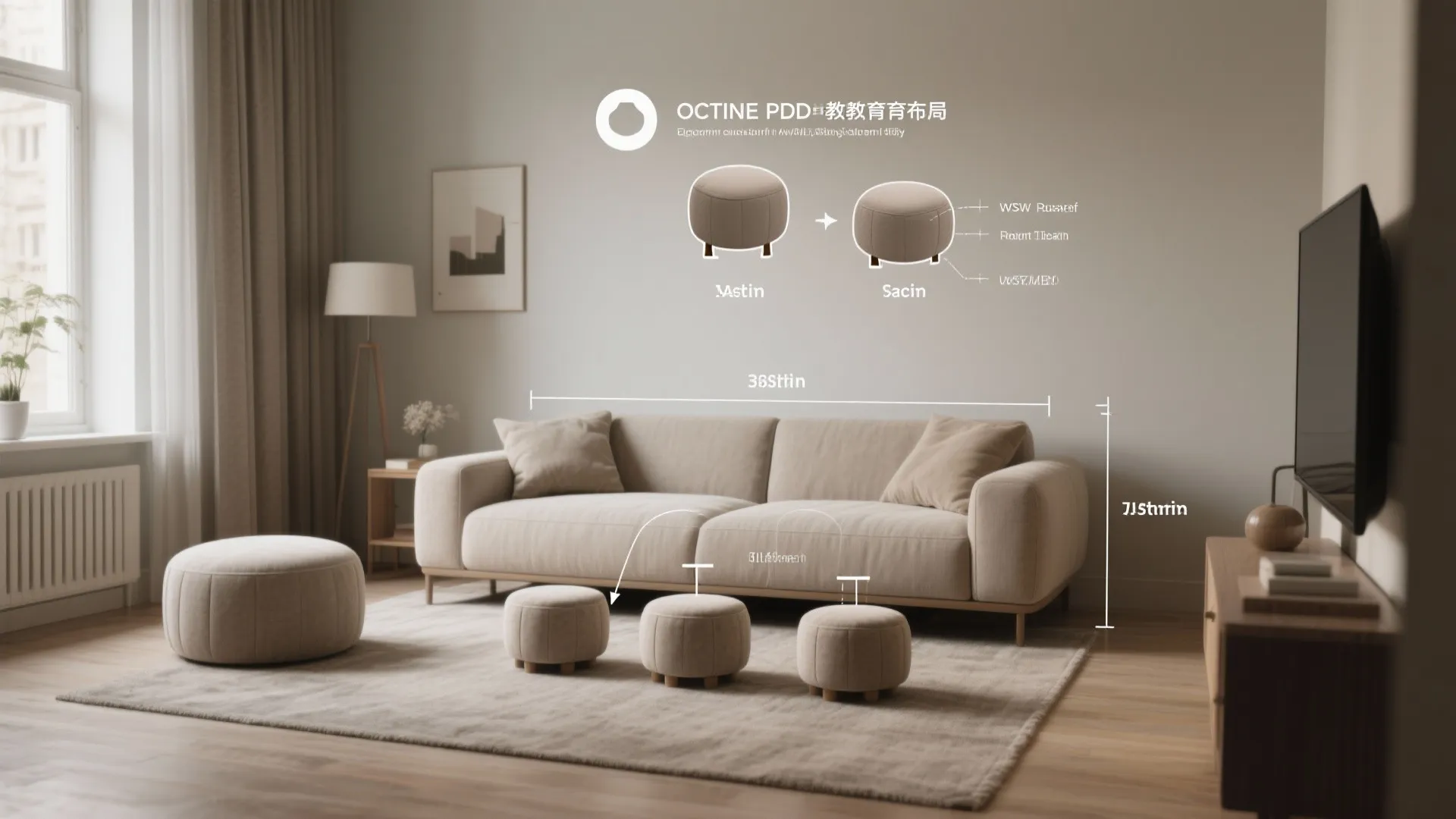 Living room layout illustrating recommended ottoman counts, heights and placement for circulation.