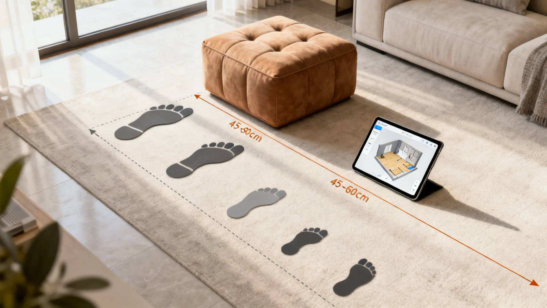 Top-down floor plan showing ottoman sizes and recommended walking space with a tablet floor planner