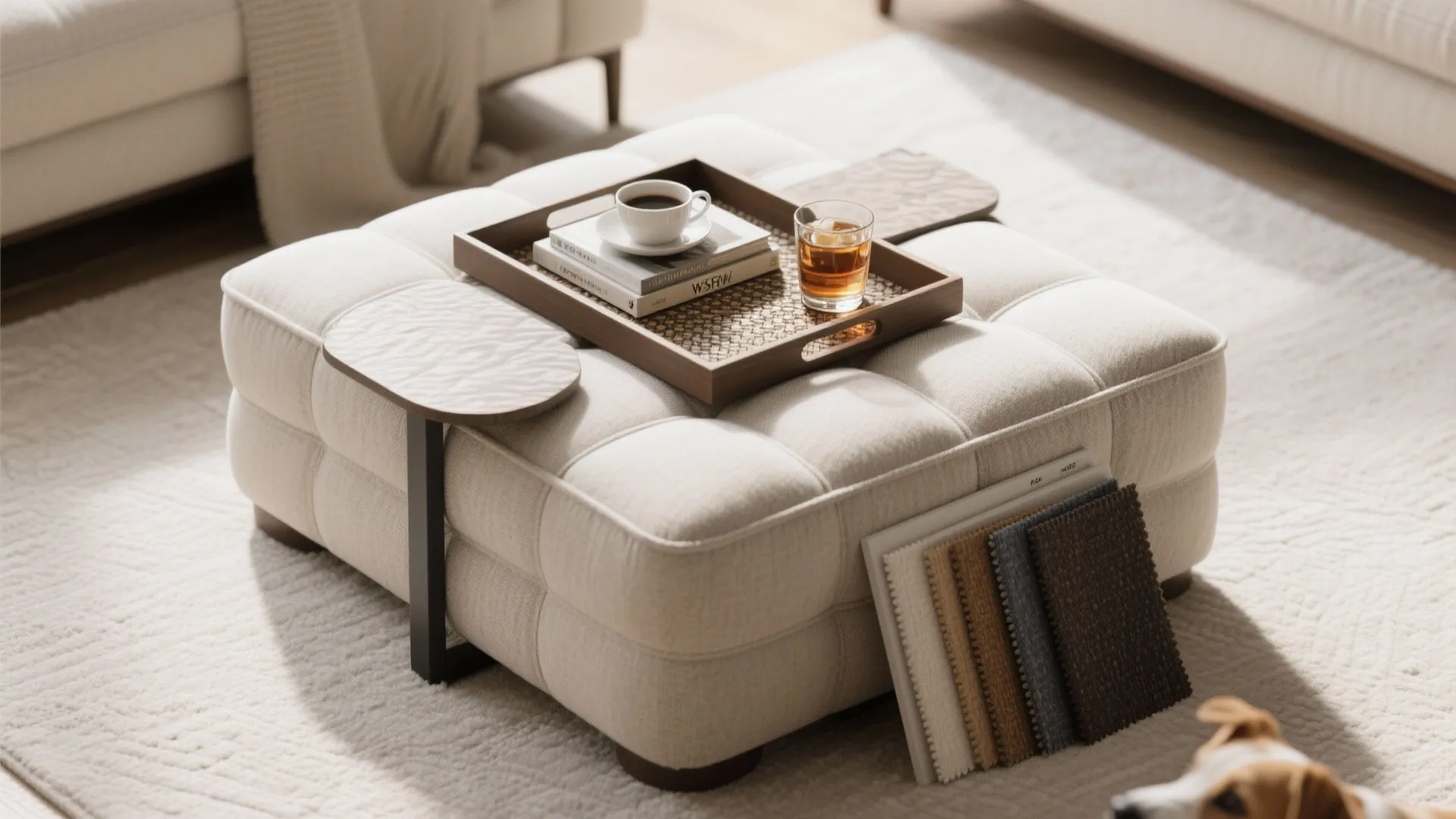White square footrest used as coffee table with wooden tray drinks books and fabric samples