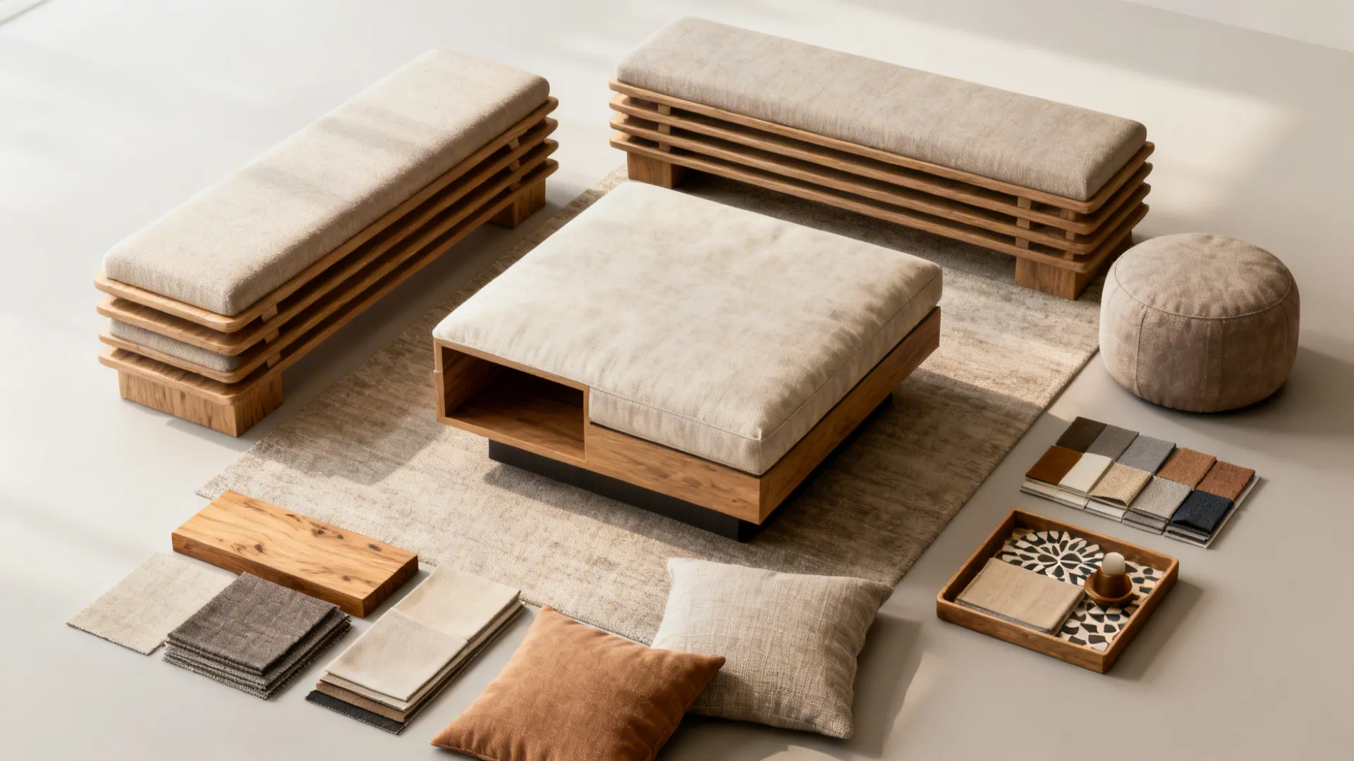 Flatlay of ottoman, bench and fabric swatches showing multifunction furniture options.