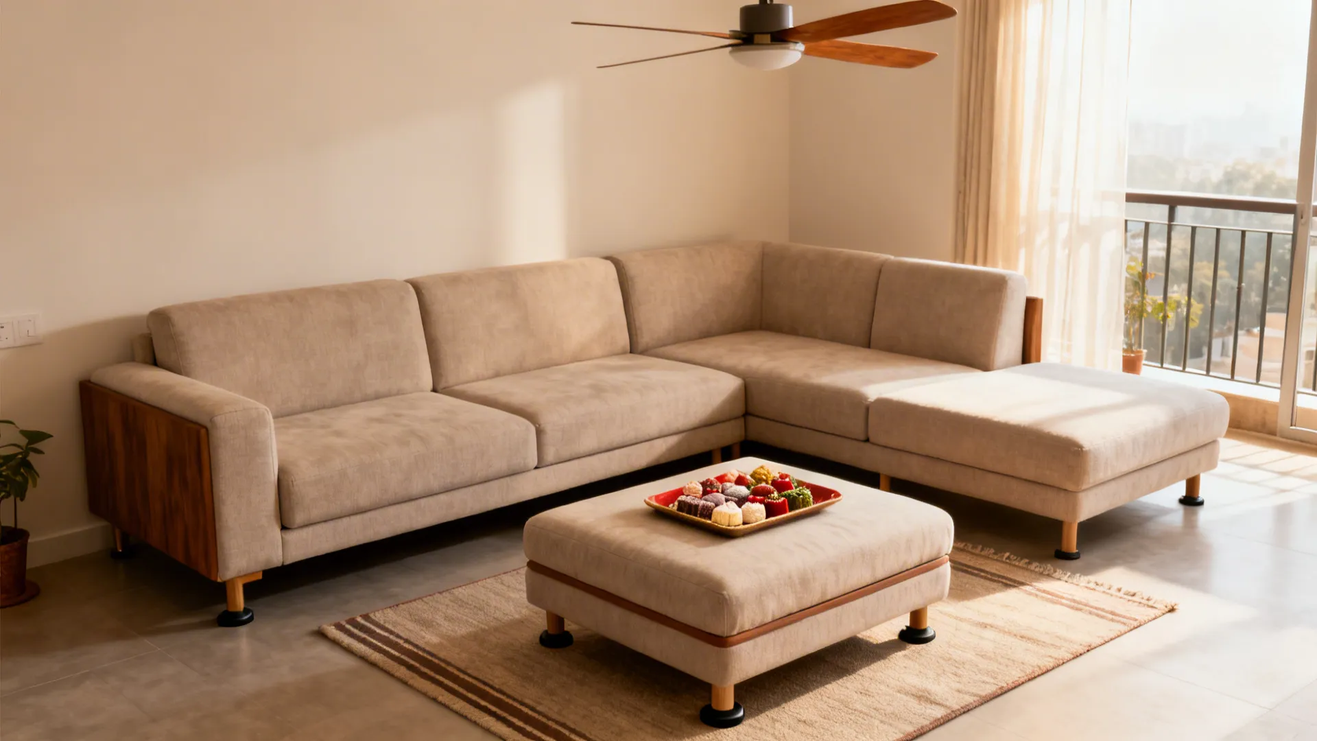 Compact L-shaped setup with two-seater, chaise, and a matching ottoman used as a table.