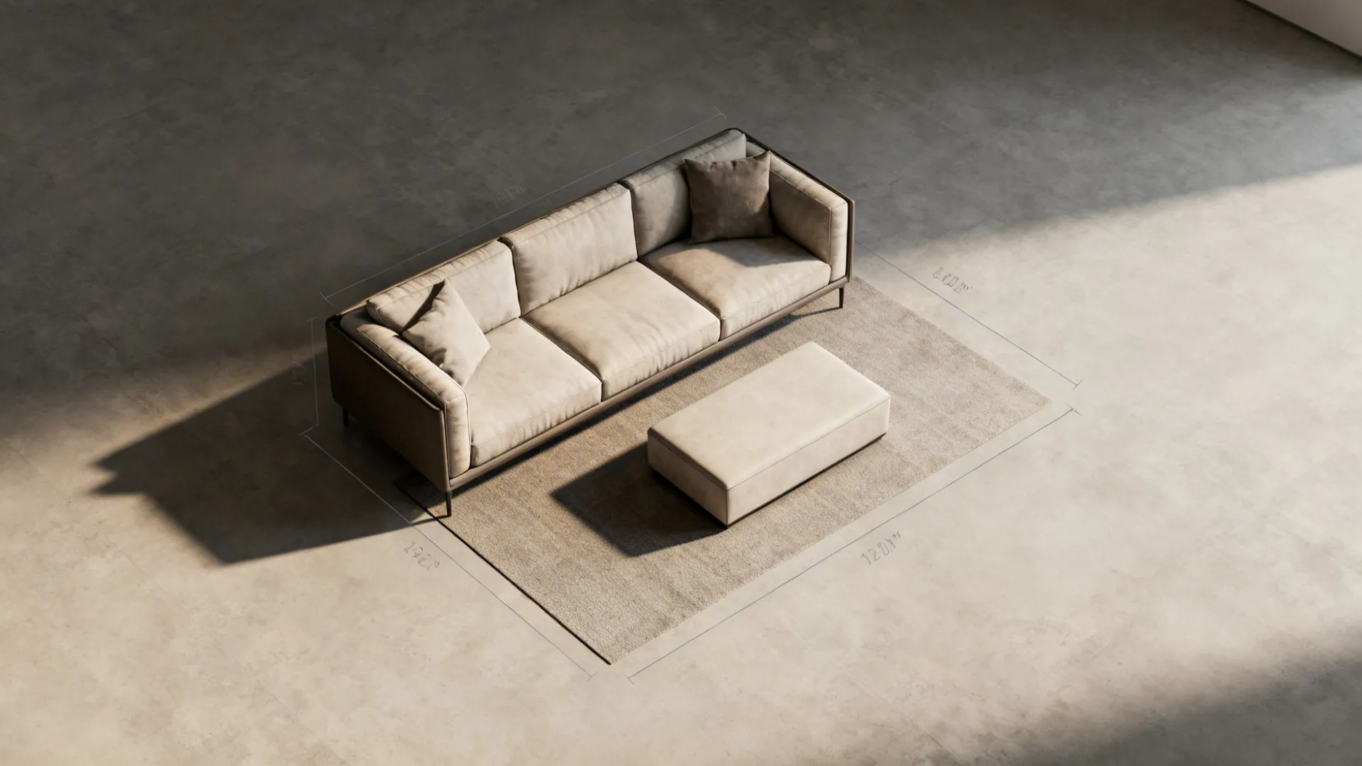 Top-down 3D floor planner mockup showing ottoman placement and clearances in a small living room.