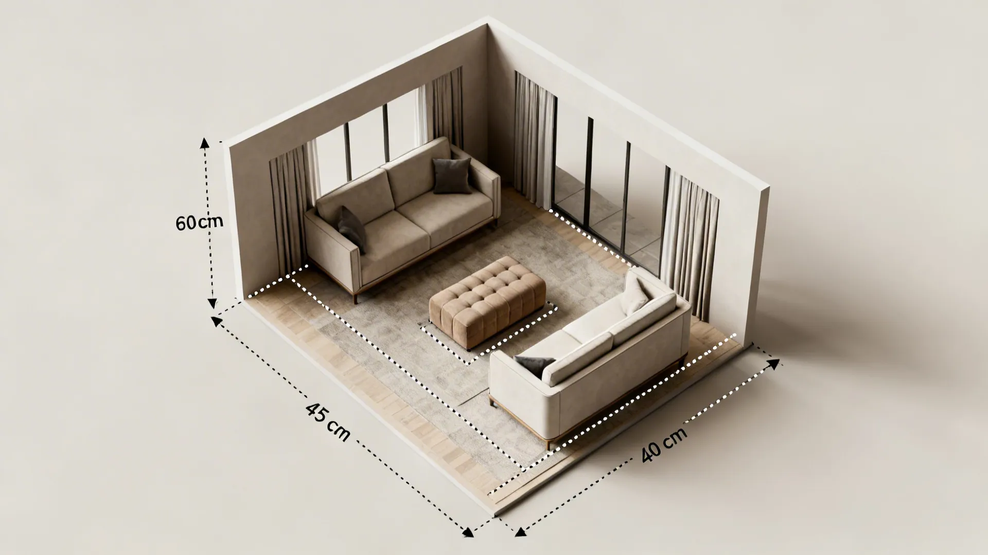Top-down 3D floor plan showing ottoman placement and required clearances in a small living room.