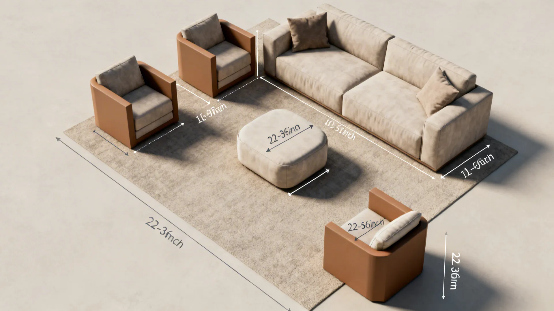 Top-down living room floorplan visualization showing ottoman sizes and circulation paths for furniture spacing.