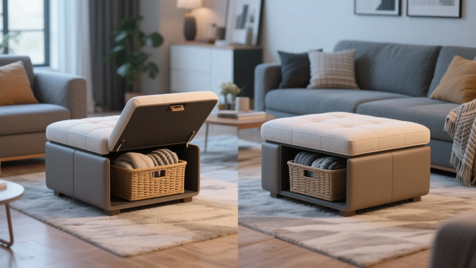 Comparison of an open and closed footrest showing a hidden storage basket for folded blankets