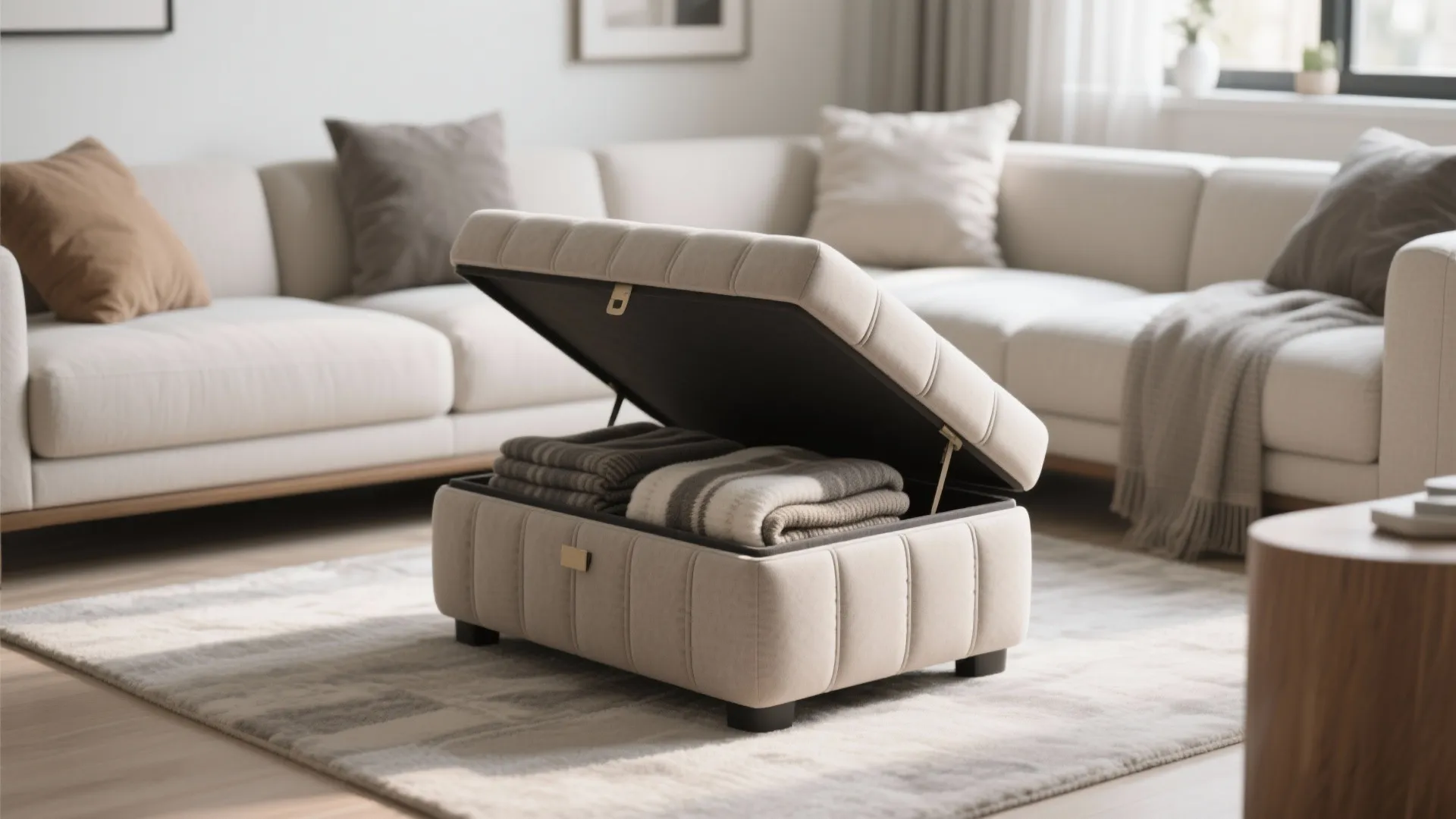 Upholstered ottoman opened to reveal hidden blanket storage