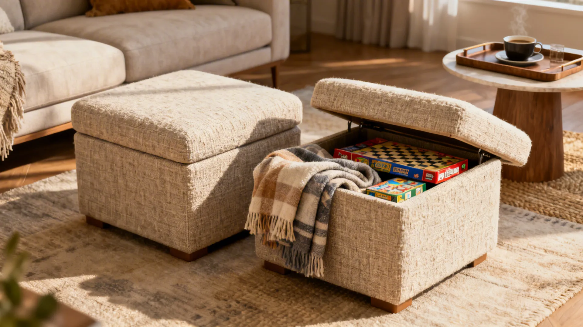 Two upholstered ottoman side tables with lift-top compartments storing blankets and games.