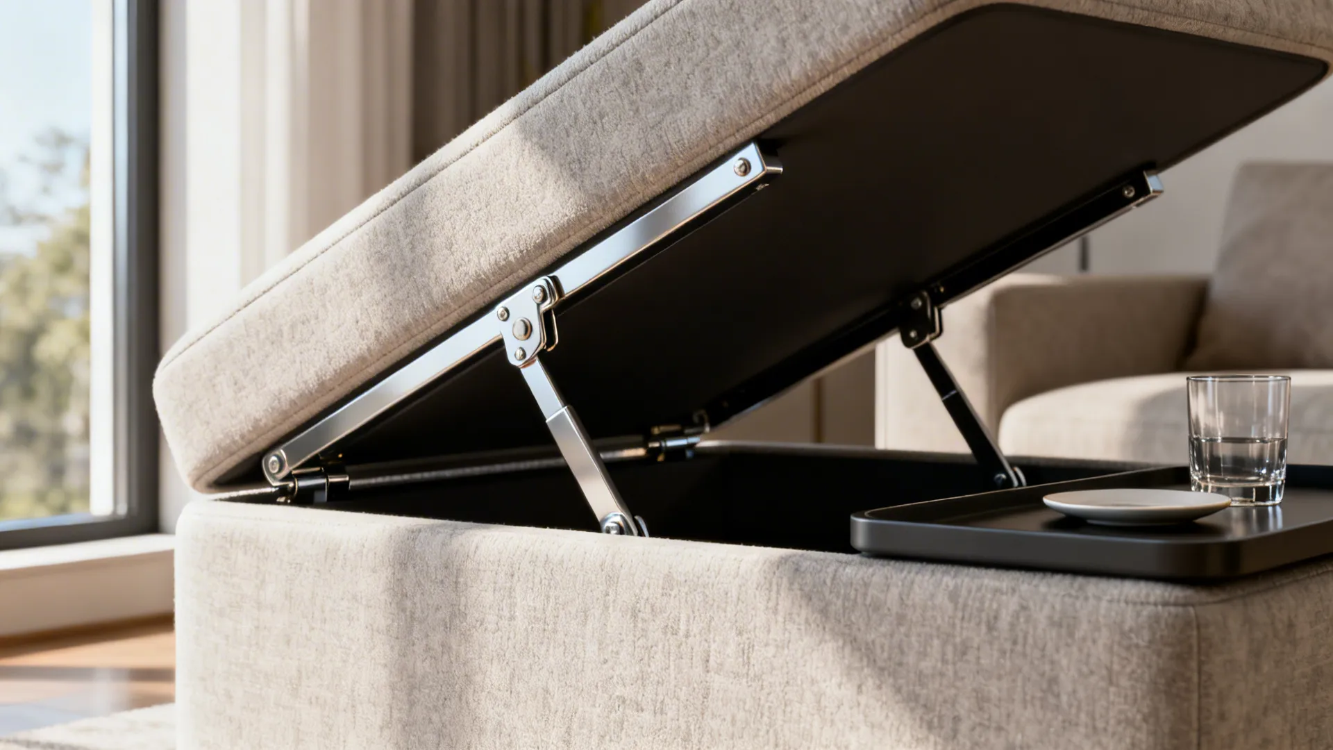 Close-up of ottoman lift-top with integrated tray and visible mechanism.