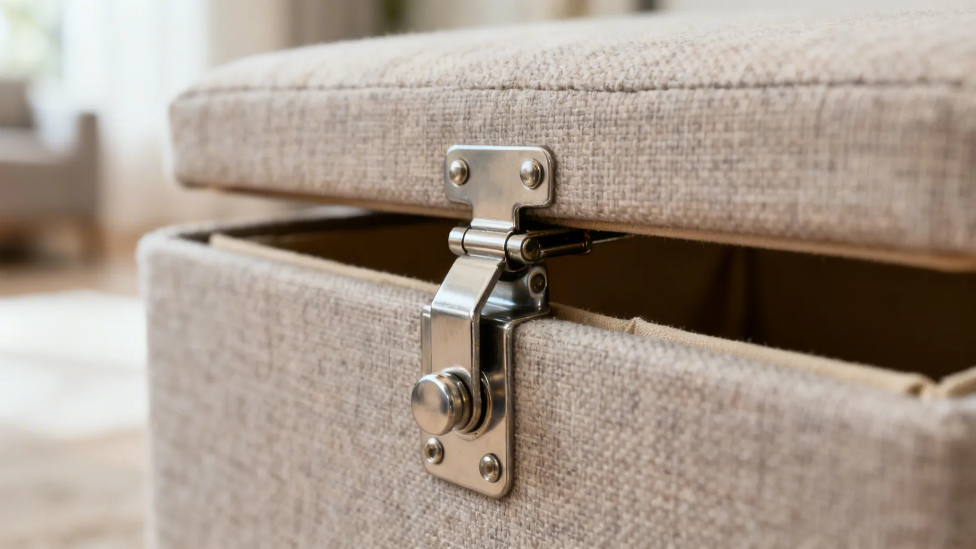 Close-up of a storage ottoman’s slow-close hinge and textured upholstery.