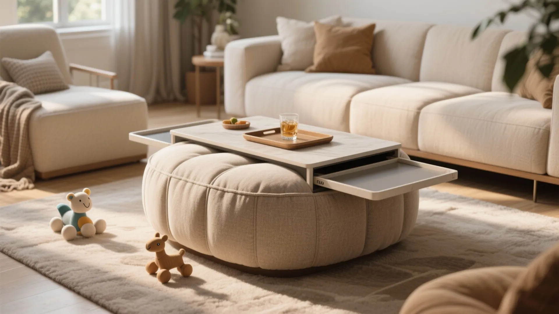 5. Upholstered ottoman as a coffee table hybrid