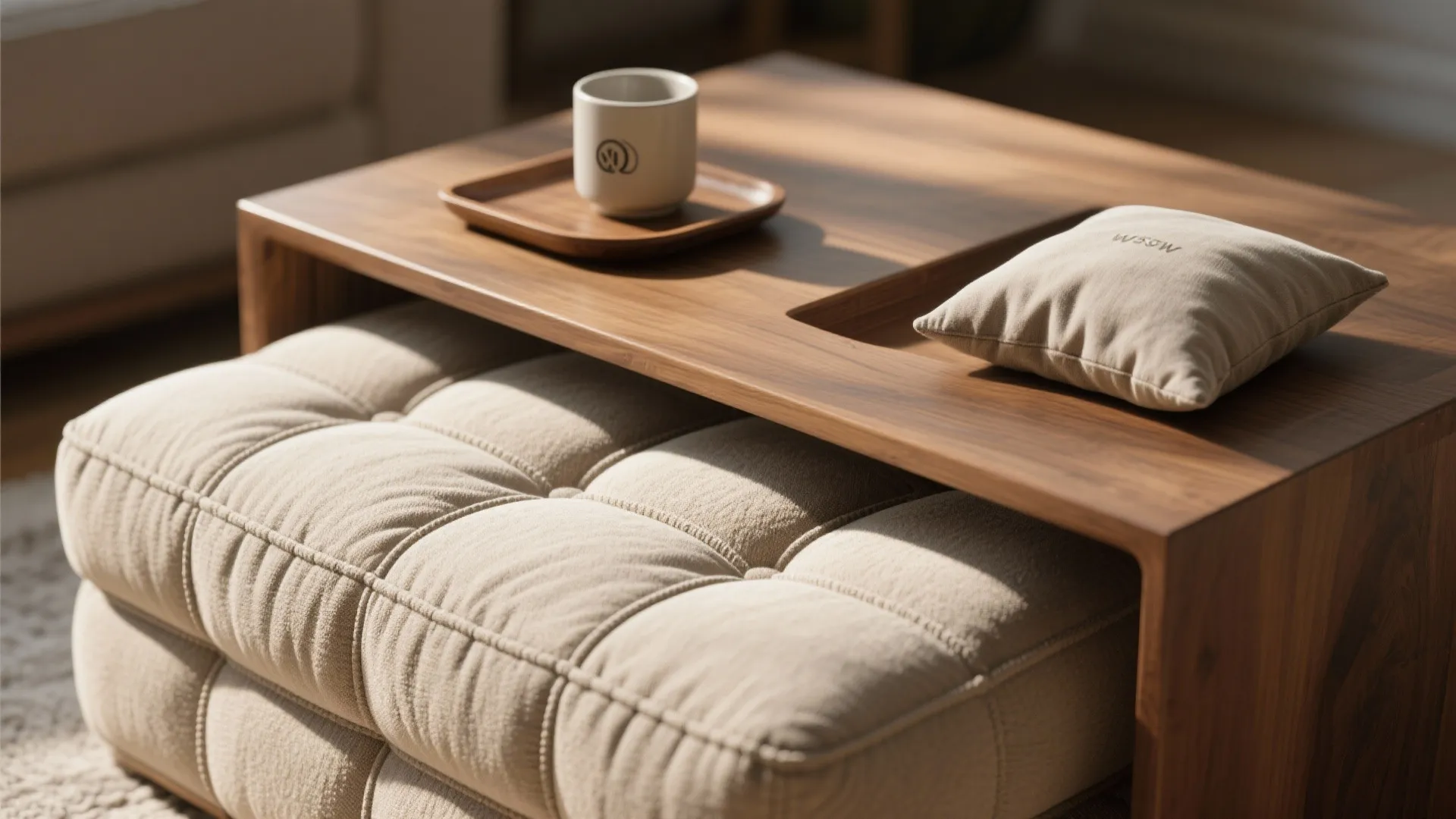 Close-up of a firm ottoman doubling as seating and a table with a tray and lumbar pillow.