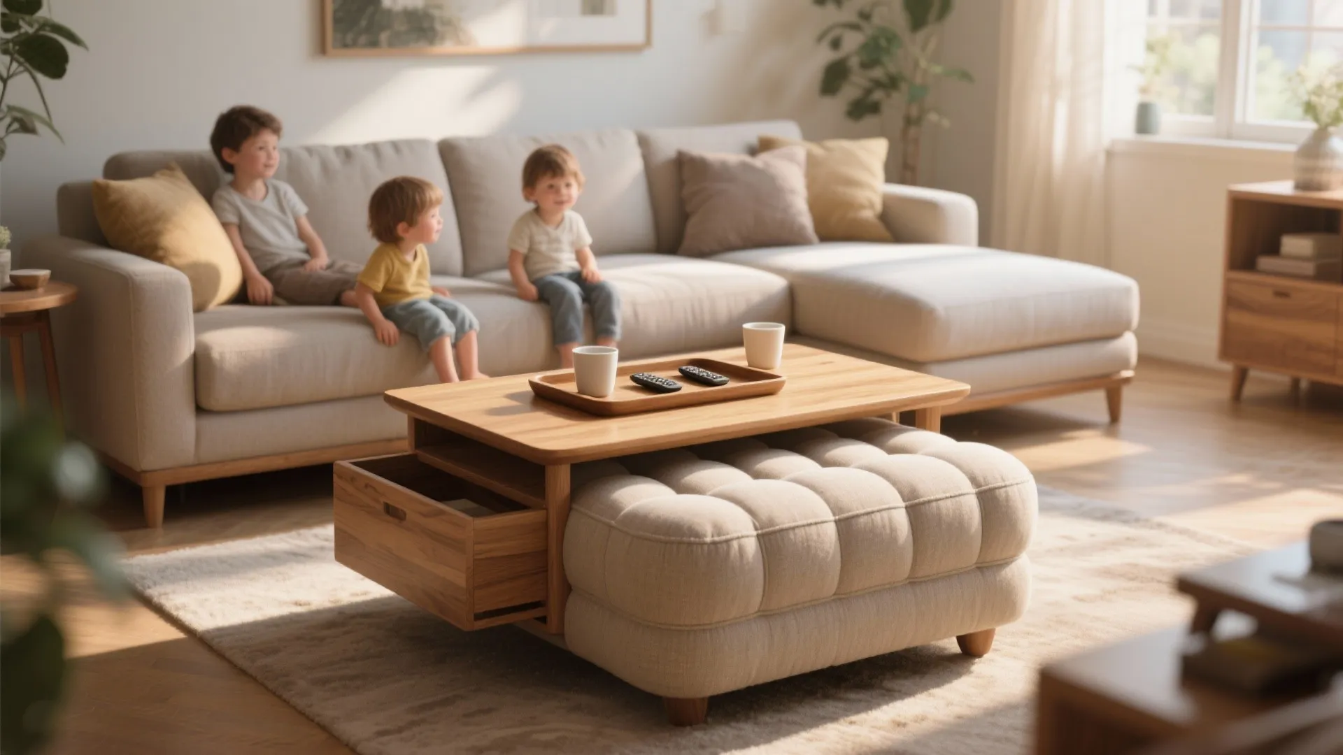 Multi functional wooden coffee table with fabric footrest base and open drawer in family room