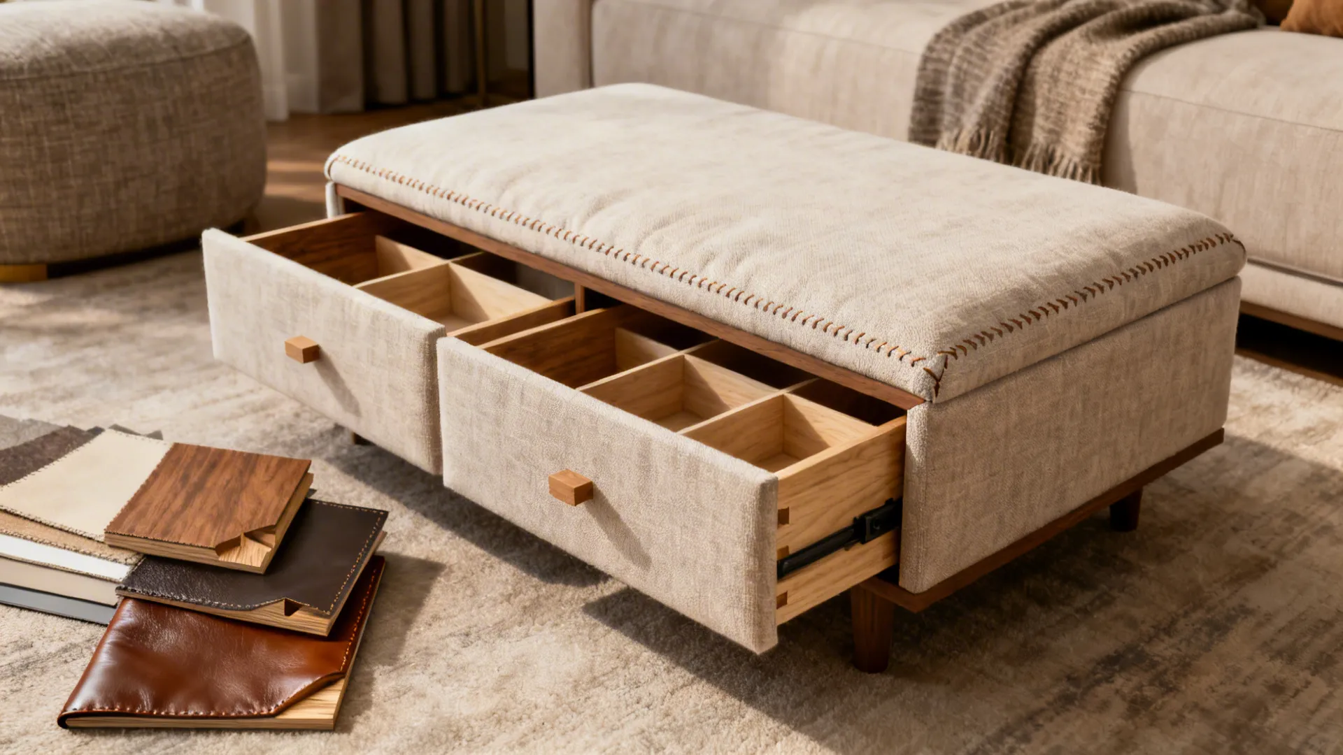 Low ottoman-style side table with internal drawers and material swatches