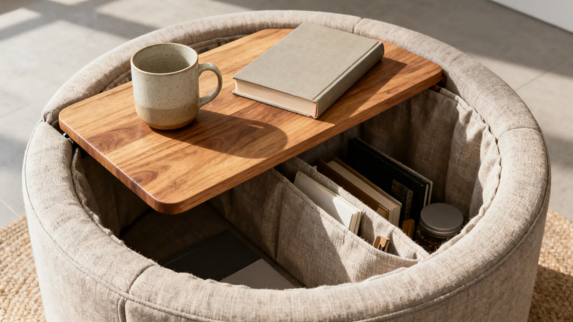 Top-down view of a round ottoman showing a removable wooden tray inside used as a stable surface.