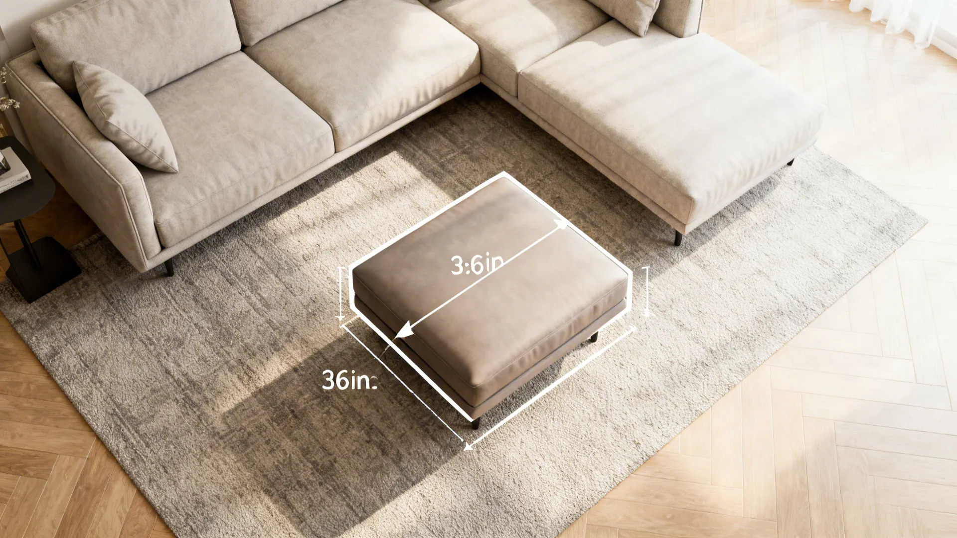 Top-down living room layout showing optimal ottoman placement and 36-inch circulation space.