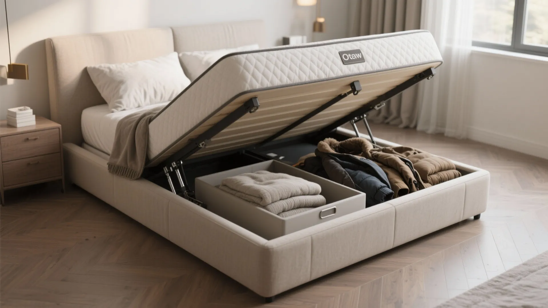 Beige upholstered lift up bed showing hidden storage compartment filled with boxes and winter clothes