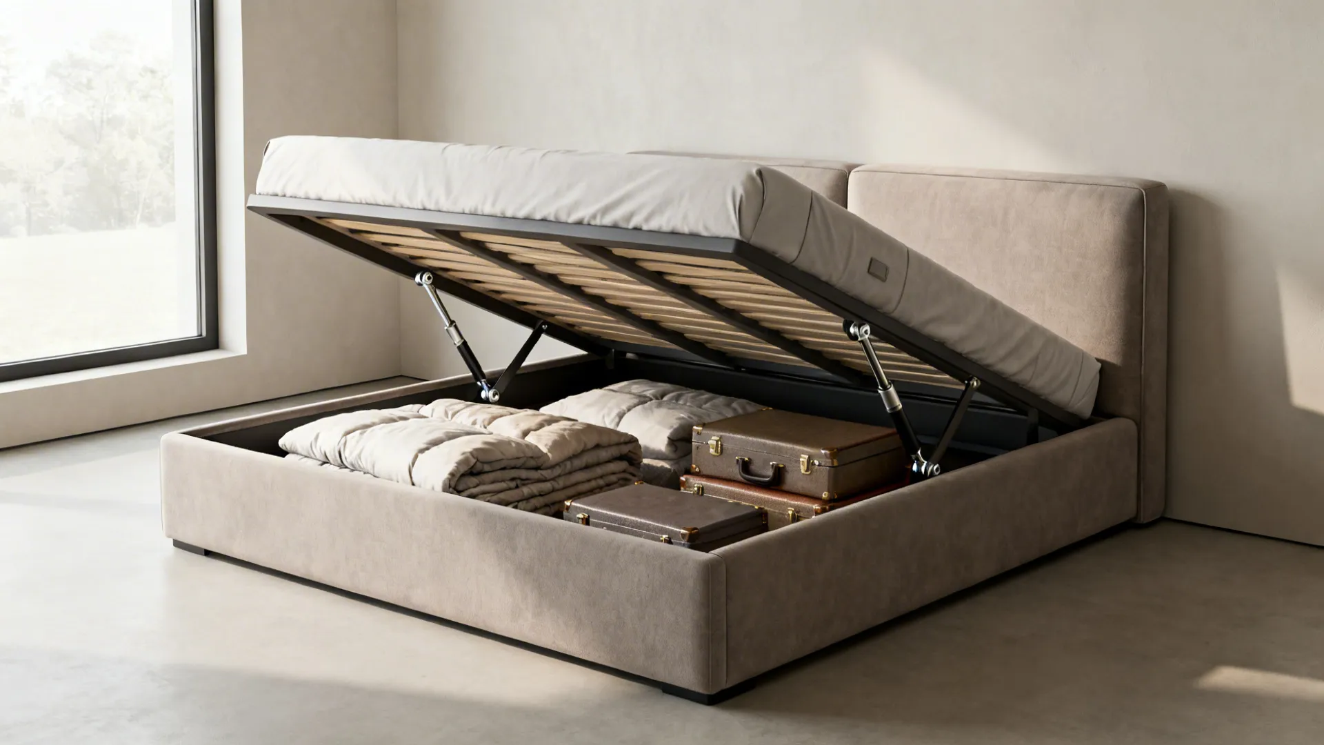 Ottoman lift bed with raised mattress revealing large hidden storage for duvets and suitcases