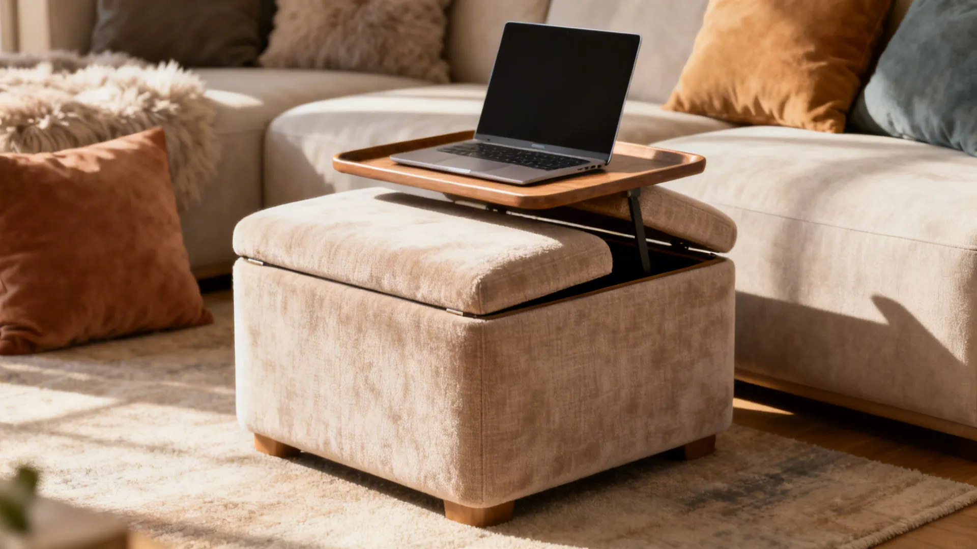Plush ottoman side table with lift-top open showing hidden storage and a tray on top.