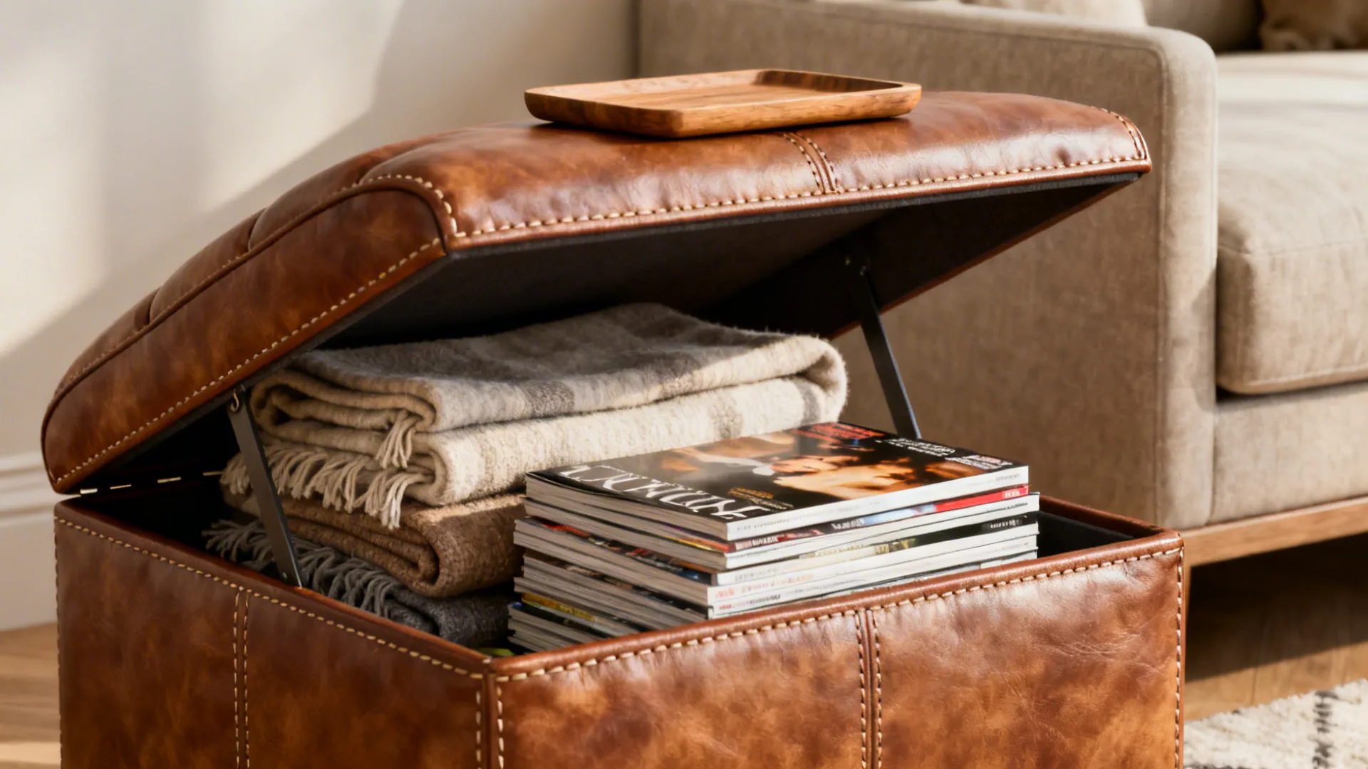 Small leather ottoman with lift-top storage open showing blankets and magazines beside a sofa.