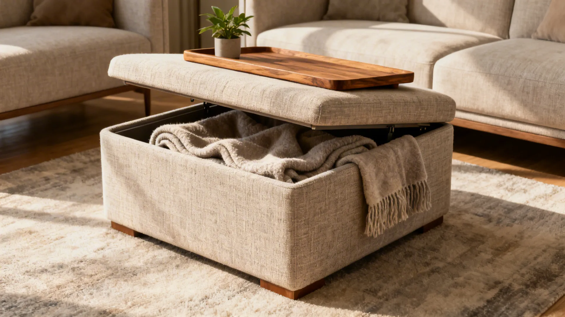 Beige fabric footrest with lift top storage holding a blanket and wooden tray with plant