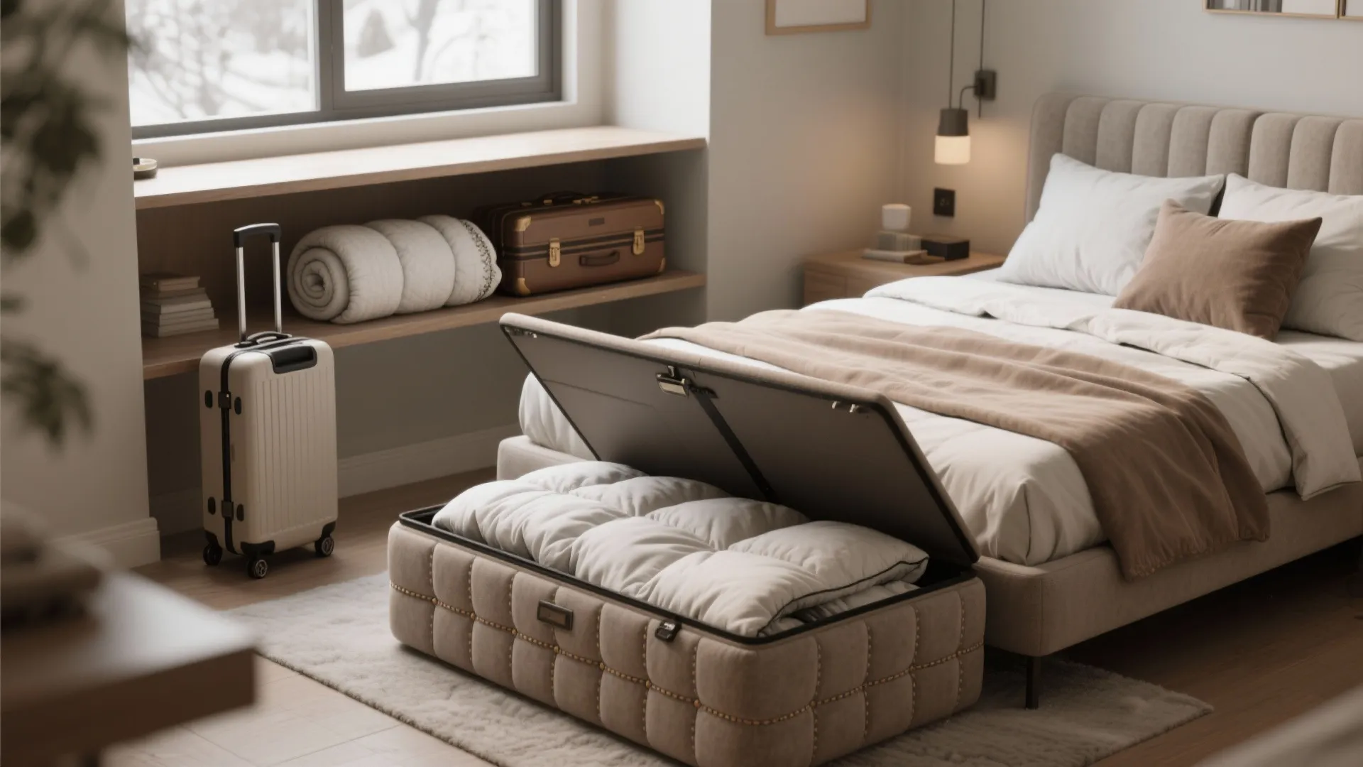 3. Use luggage and ottoman storage — dual purpose furniture