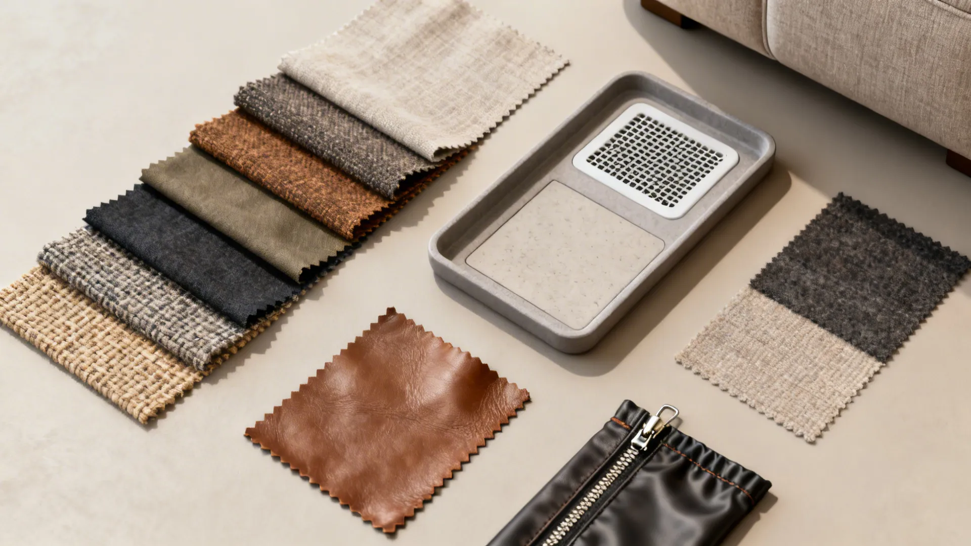 Flatlay of durable fabric swatches and liner samples for selecting an ottoman material.