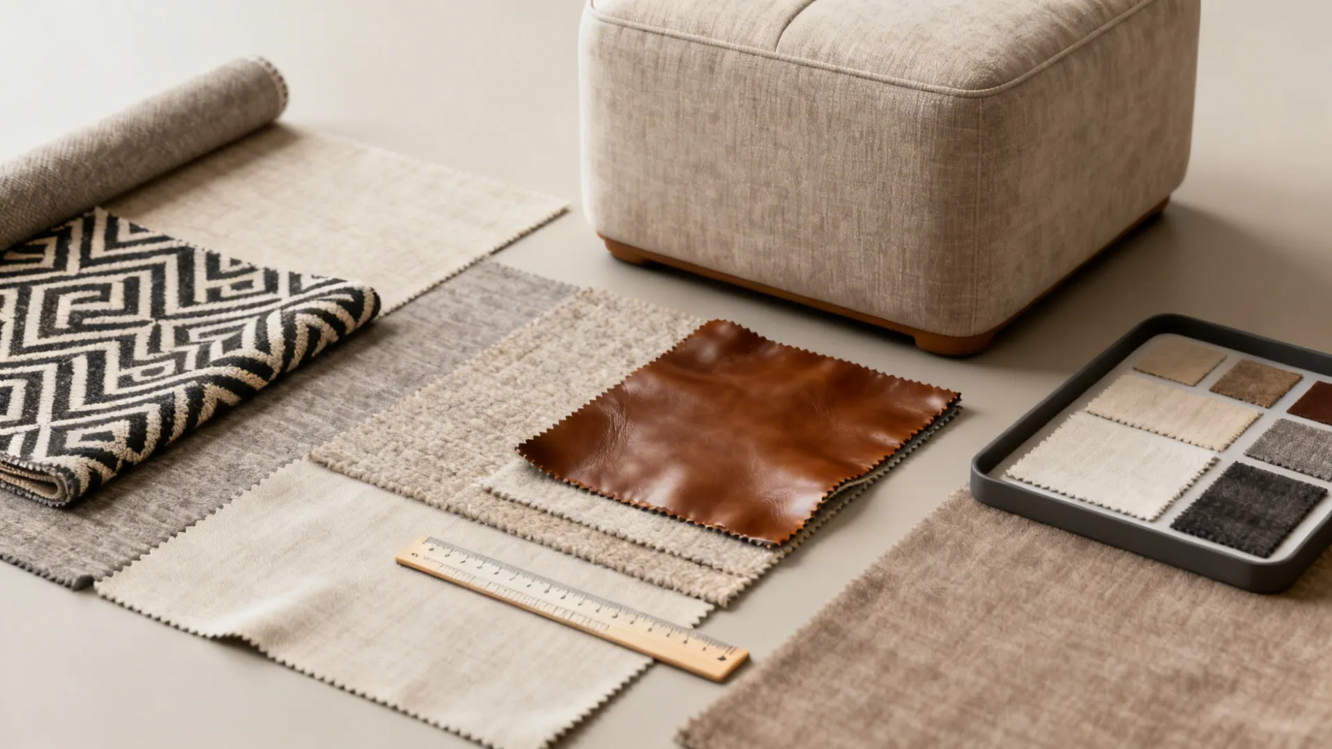 Upholstery swatches including durable polyester and leather for ottoman selection.